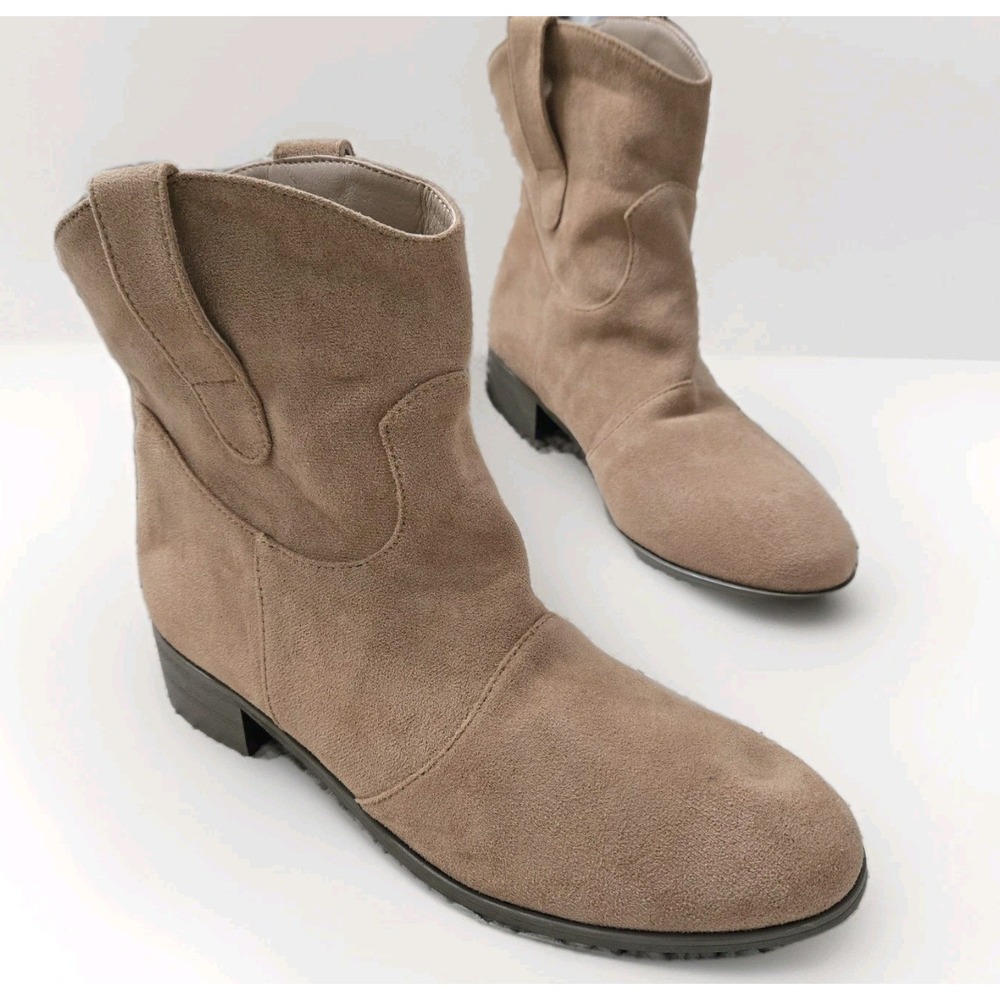 Vegan Tan Ankle Boots Women's Sz 41/10 Fabric Suede Look Casual Comfort Low Heel